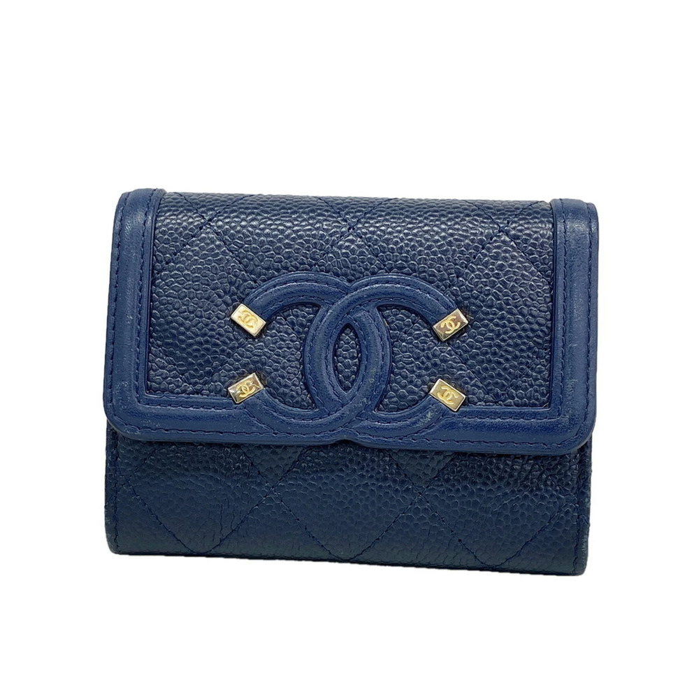 Chanel Business Card Holder/Card Case, Filigree Caviar Skin, Navy, Women's, O...